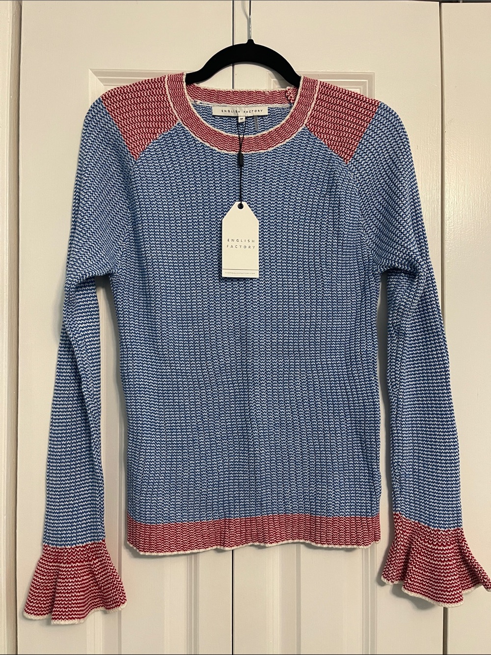 NWT English Factory Blue Knit Sweater with Red Trim